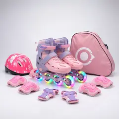 ONWHEELS - Combo infantil Patines Ajustables Adventure con llantas de luz Rosado talla S 31-34