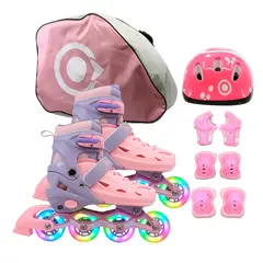 ONWHEELS - Combo infantil Patines Ajustables Adventure con llantas de luz Rosado talla M 35-38