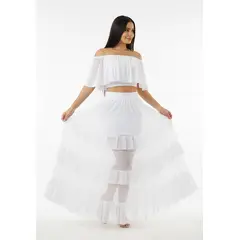 VIA7 - Conjunto de Dos Piezas Blanco Etéreo - Top Off-Shoulder y Falda Maxi de Tul con Volantes