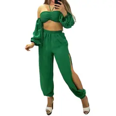 VIA7 - Conjunto americano de pantalon aberturas y blusa estraple