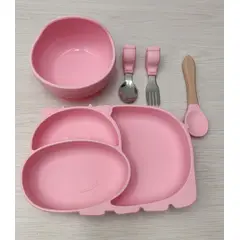 GENERICO - Vajilla Infantil Hipopotamo para Bebes con Ventosa Succión Plato + Bowl + Cubiertos Libre de BPA