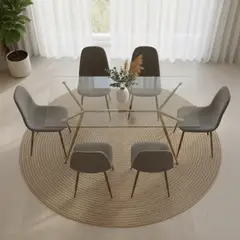 GENERICO - Juego Comedor Brie 6 Sillas Tela Gris Base Dorada Vidrio Rectangular Lujo 160x90 cm - Entre Nos Home