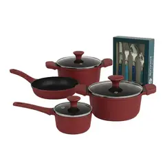 KITCHENWARE - Batería Aluminio Fundido Cerámica Berries 7 Pzs + Cubiertos Montpellier 24 Pzs Azul