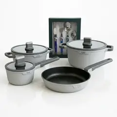 KITCHENWARE - Batería Aluminio Fundido Cerámica Chelsea Gris 7 Pzs + Cubiertos Montpellier 24 Pzs Azul
