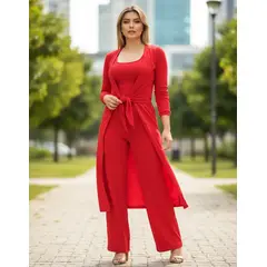 VIA7 - Conjunto de blusa tiras pantalon bota recta y cardigan largo rojo