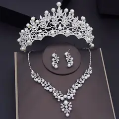 GENERICO - Corona Tiara Collar Y Aretes Perlas Mujer Quinceañera Novia Set