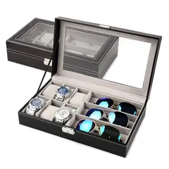 GENERICO - Caja reloj Estuche mixto relojes y gafas para organizar en cuero sintético