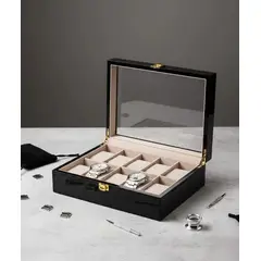 GENERICO - Caja Estuche reloj para organizar 12 relojes en madera laminada negra
