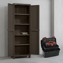 RIMAX - Combo Garaje (1 Armario Grande Rattan Wengue + Cajas Herramientas 19" + 16" + 11" Apilable Negra)