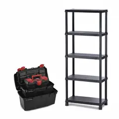 RIMAX - Combo Organizador - (1 Estantería 15" 5N + Combo Caja Herramientas 19" + 16" + 11" Apilable Negra)