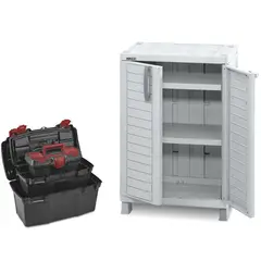 RIMAX - Combo Garaje (1 Armario Mediano Barú Gris + Combo Caja Herramientas 19" + 16" + 11" Apilable Negra)