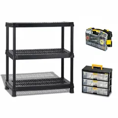 RIMAX - Combo Organizador  (1 Estantería 18" 3N + Caja Modular gavetas + Caja organizadora doble plegable)