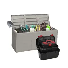 RIMAX - Combo Garaje (1 Baúl Barú 300 Lts Gris + Combo Caja Herramientas 19" + 16" + 11" Apilable Negra)