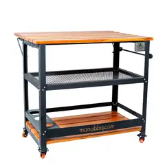 GENERICO - Mesa Auxiliar Mano BBQ de Acero y Madera con Ruedas