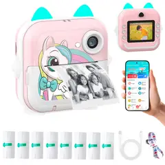 XALTA - Combo Cámara Digital Instantánea Niños Foto Video + 8 Rollos Color Rosa