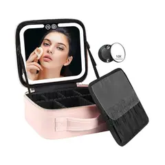 GENERICO - Caja Organizadora de Maquillaje Portátil de Cuero PU con Espejo