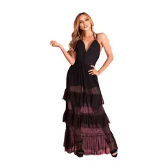 VIA7 - Vestido Maxi Negro - Drama Transparente y Escote de Alto Impacto