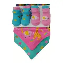 GENERICO - Combo 2 Pares Medias + 2 Baberos Bebe Infantil Imagenes Surtidas Rosado
