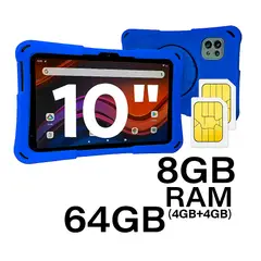 KRONO - Tablet Niños 10 Pulgadas 8GB RAM (4Gb+4Gb) Doble SIM Android 14 64GB Azul
