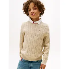 TOMMY HILFIGER - Saco café Para Niño de punto trenzado y cuello redondo