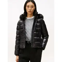TOMMY HILFIGER - Chaqueta negra brillante con capota y plumón