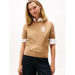 TOMMY HILFIGER - Saco beige con tejido cable y logo gráfico