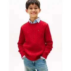 TOMMY HILFIGER - Saco rojo de punto trenzado y cuello redondo