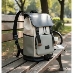 BOLSOS Y ACCESORIOS MB - BOLSO MORRAL PARA HOMBRE ESTILO VINTAGE MULTICOMPARTIMIENTOS BLANCO CON GRIS
