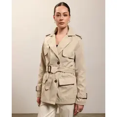 PATPRIMO - Chaqueta Trench Unicolor Con Cinturon  Para Mujer Crema