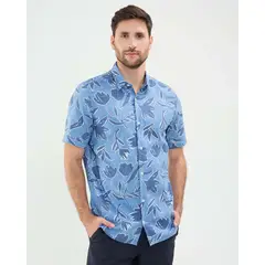 PATPRIMO - Camisa Estampada En Efecto Lino Para Hombre Azul