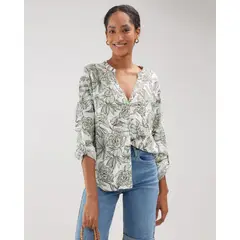 PATPRIMO - Blusa Manga Larga Estampada En Lino Para Mujer Verde