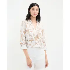 PATPRIMO - Blusa Estampada En Efecto Lino Para Mujer Café