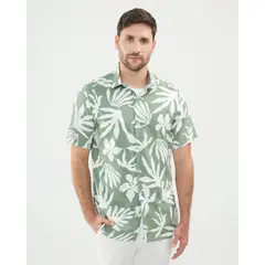 PATPRIMO - Camisa Estampada En Efecto Lino Para Hombre Verde