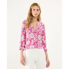 PATPRIMO - Blusa Estampada En Efecto Lino Para Mujer Rosado