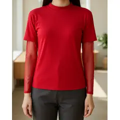 VIA7 - Espectacular blusa Camiseta de moda Negra Licra y Mangas de Malla Transparente