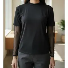 VIA7 - Espectacular blusa Camiseta de moda Negra Licra y Mangas de Malla Transparente