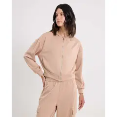 ATMOS - Buzo Hoodie Crop Full Zipper Plush Para Mujer Beige