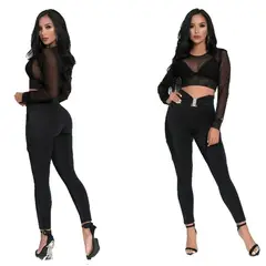 VIA7 - Blusa malla corta manga larga encaje y top negro pegado