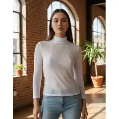 VIA7 - Blusa Transparente de Malla - Cuello Alto si incluye top