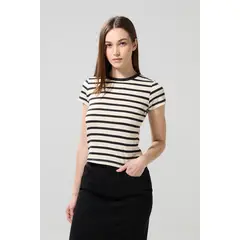 KOAJ - Camiseta crema clara manga corta con rayas en contraste Mujer