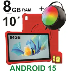 KRONO - Tablet Niños 10 Pulgadas 8GB RAM (4Gb+4Gb) 64GB Doble SIM Android 14 + Parlante ROJO