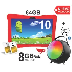 KRONO - Tablet Niños 10 Pulgadas 8GB RAM (4Gb+4Gb) 64GB Doble SIM Android 14 + Parlante ROJO