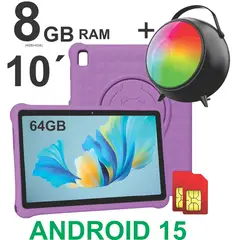 KRONO - Tablet Niños 10 Pulgadas 8GB RAM (4Gb+4Gb) 64GB Doble SIM Android 14 + Parlante MORADO