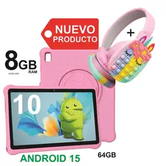 KRONO - Tablet Niños 10 Pulgadas 8GB RAM (4Gb+4Gb) 64GB Doble SIM Android 14 + DIADEMA ROSADO