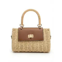 GENERICO - Bolso de Mano Tipo Mimbre con Asa de Madera Estilo Natural Elegante Boho Chic