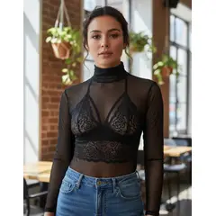 VIA7 - Blusa Transparente de Malla - Cuello Alto no incluye top