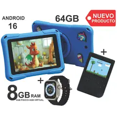 KRONO - Tablet Niños 8GB RAM (4+4) Android 16 64GB Wifi + Reloj + Gamebox AZUL