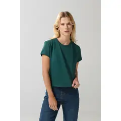 KOAJ - Camiseta manga corta verde oscura con cuello redondo Mujer