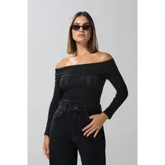 KOAJ - Camiseta unicolor con manga larga y cuello bandeja Mujer