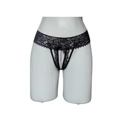 GENERICO - Tanga Hilo en Encaje Mujer Negro con perlas estimulantes
